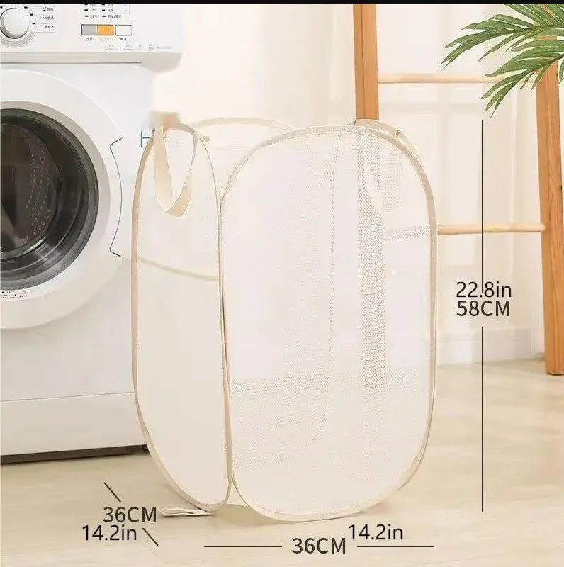 1pc Handy Laundry Mesh Popup Hamper, Foldable Lightweight Basket For Washing, Durable Clothing Storage Peaceful Pleasures Health and Wellness Beige B