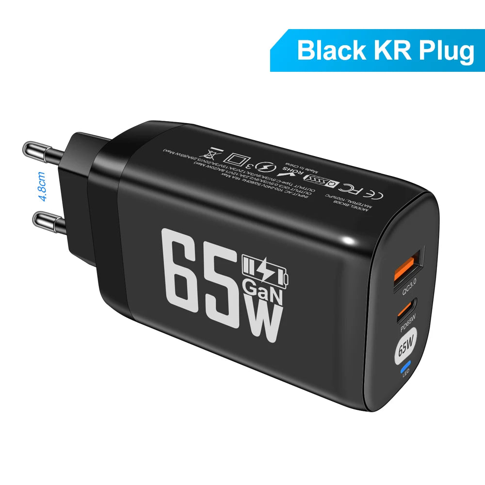 GaN 65W Fast Charger 2-Port PD QC3.0 USB Type C Wall Charger EU Plug Adapter for Laptop iPhone 15 Samsung Xiaomi Peaceful Pleasures Health and Wellness Black KR Plug
