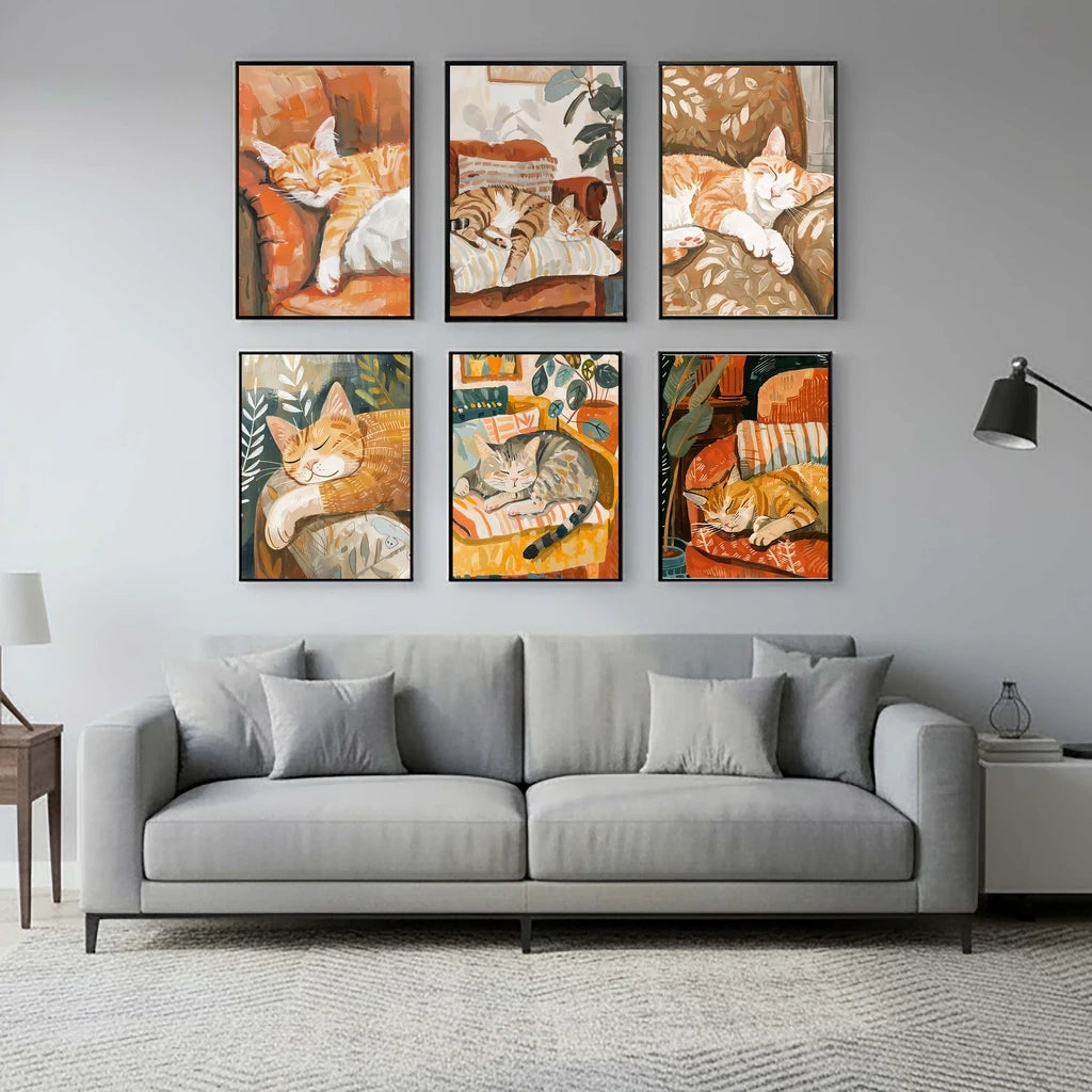 Nordic Wall Art Cute Cat Sleeping Gouache Vintage Canvas Painting Nordic Style Poster Prints Bedroom Living Room Wall Decor Peaceful Pleasures Health and Wellness