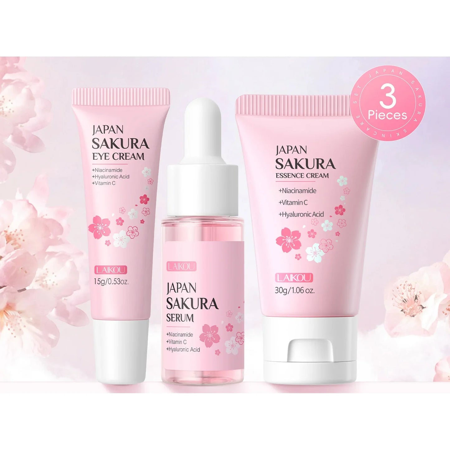 LAIKOU Sakura 3-Piece Skincare Kit – Serum, Eye Cream & Face Cream