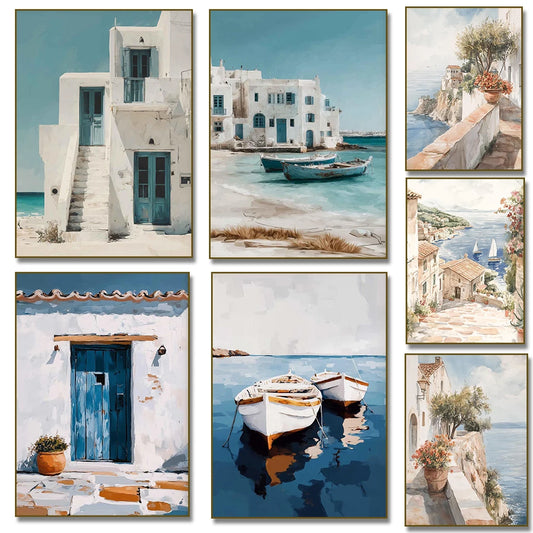 Santorini Mediterranean Coastal Canvas Wall Art Print | Unframed Canvas Wall Art Print Peaceful Pleasures Health and Wellness