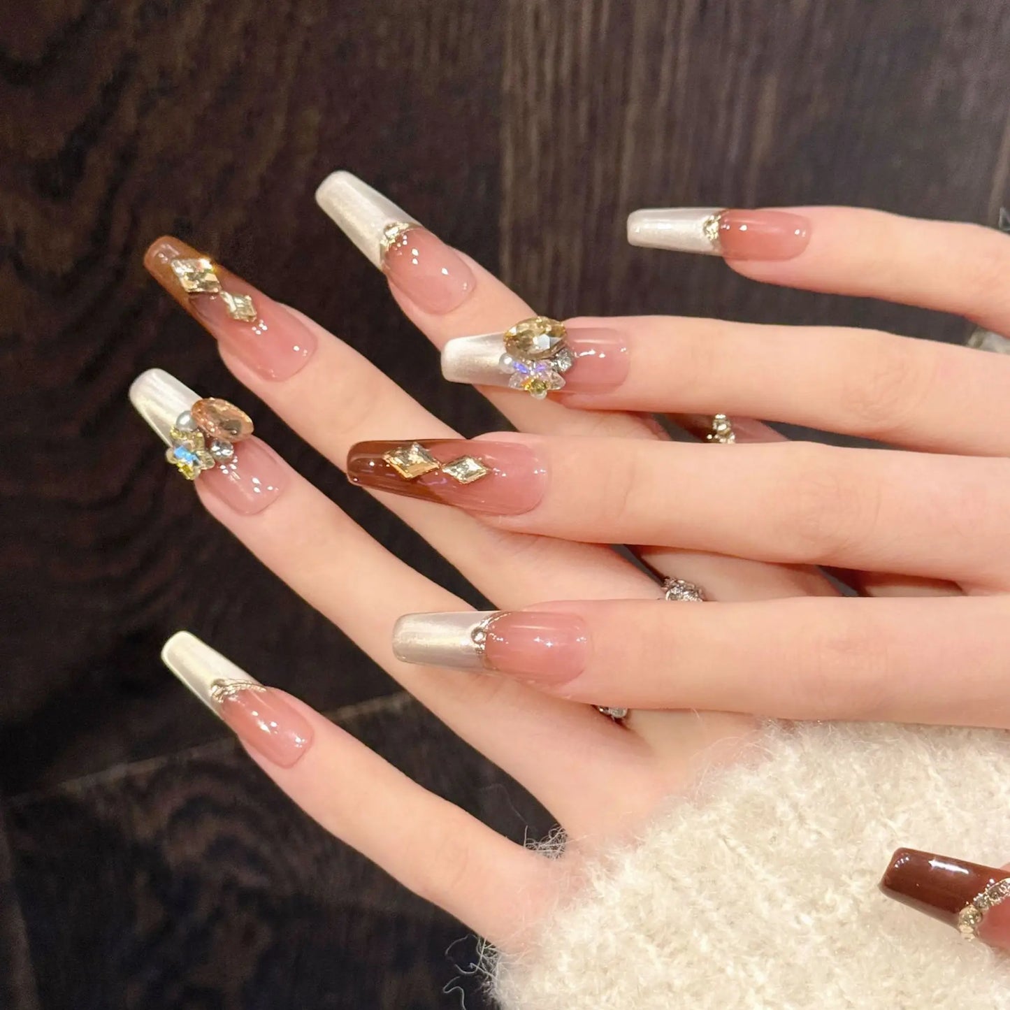 French Cat's Eye Press On Nails – Diamond Ballet Manicure Set