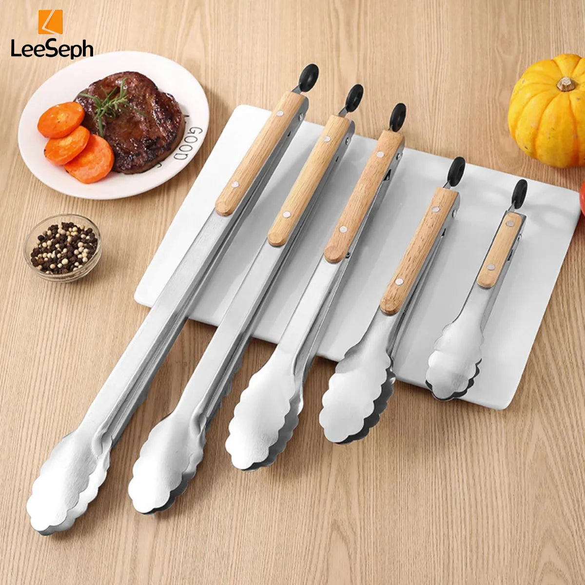 Stainless Steel Cooking Tong with Oak Handle, Barbecue Tong Salad Tong with Locking Ring, Kitchen Gadget for Salad Grilling BBQ Peaceful Pleasures Health and Wellness