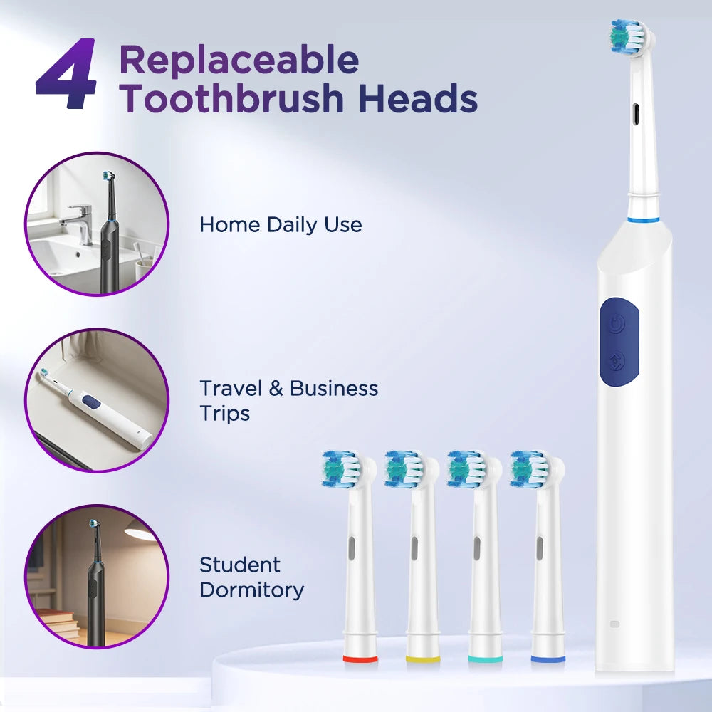 Rotary Electric Toothbrush for Adults 5 Modes Smart Rechargeable Auto Tooth Brushes with 4 Replacement Heads for Deep Cleaning Peaceful Pleasures Health and Wellness