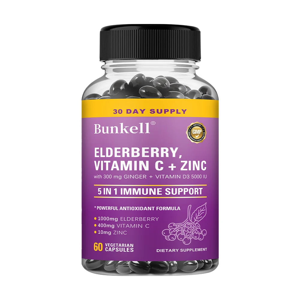 Elderberry Immune Support Capsules 1000MG with Vitamin C Zinc & Ginger - Antioxidant, Healthy Skin, Energy Boost for Men & Women Peaceful Pleasures Health and Wellness 60 count-1 bottle