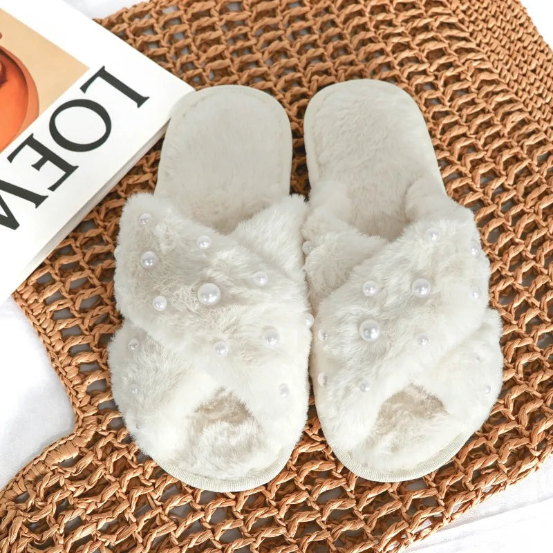 White Fluffy Pearl Slippers Wedding Bridesmaid Bridal Shower Bride Gift Maid of Honour Bachelorette Hen Party Supplies Proposal Peaceful Pleasures Health and Wellness