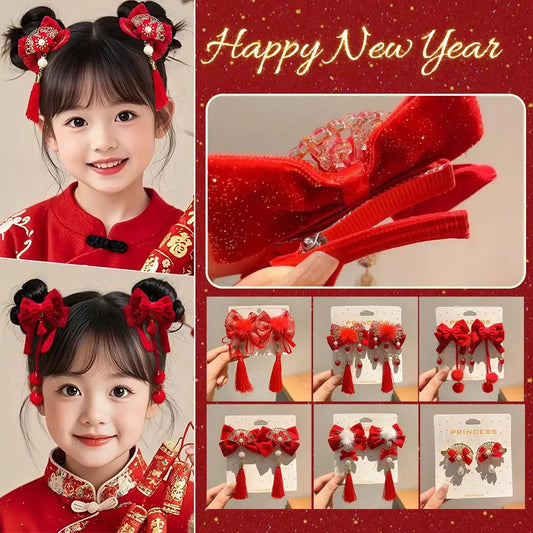 Festival Charming Hair Clips New Year Children Girls Chinese Style Red Ribbon Bow Hair Pin Festival Jewelry Hair Accessories Peaceful Pleasures Health and Wellness