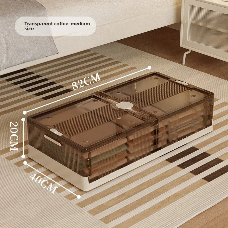 Under Bed Storage Box Foldable Plastic Transparent Extra Large with Wheels Dustproof Toy Clothes Blanket Organizer Peaceful Pleasures Health and Wellness M Coffee