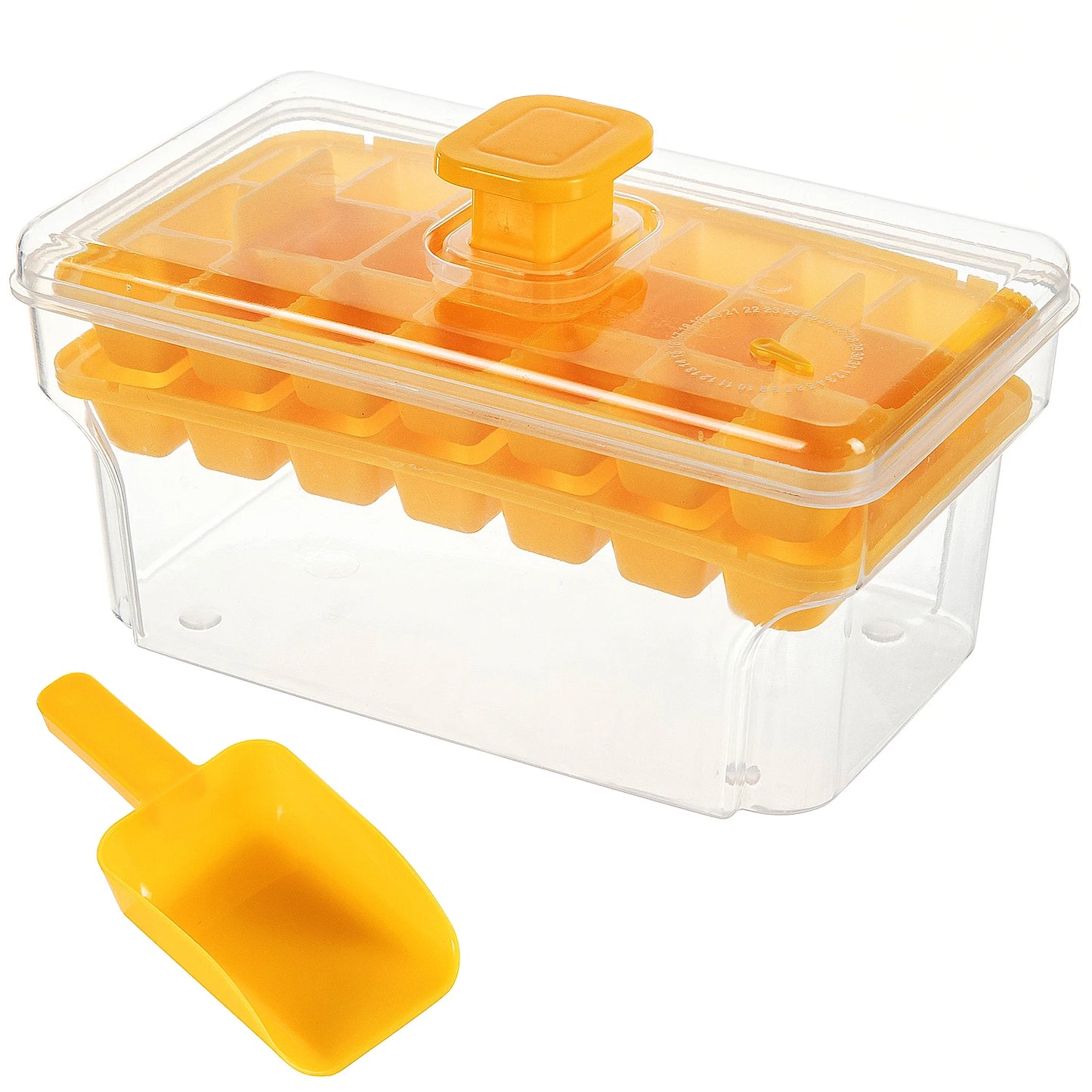 Ice Cube Trays with Lid & Bin – 68 Cubes, Easy Press Release Ice Cube Tray Set Peaceful Pleasures Health and Wellness Yellow