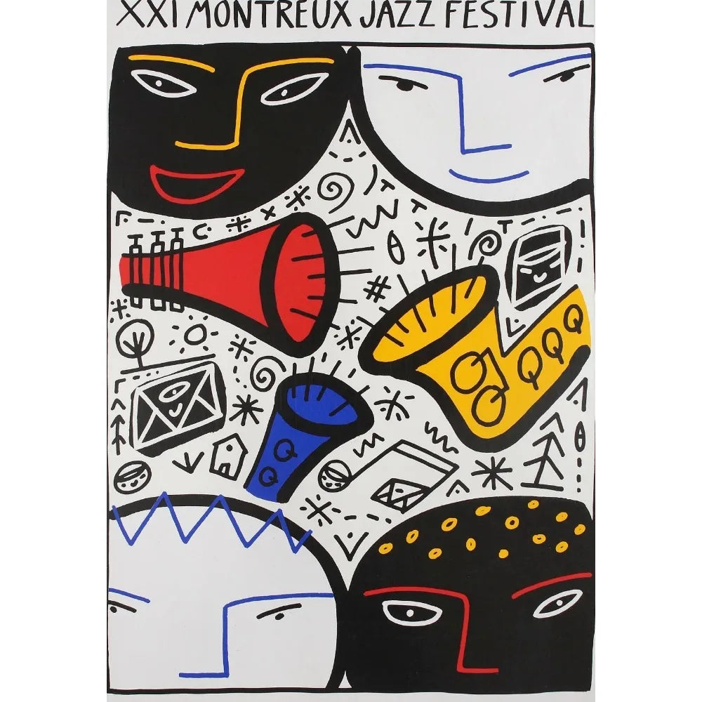 Vintage Jazz Music Festival Swiss Paris Advertising 1970's Art Poster Canvas Painting Wall Print Picture Living Room Home Decor Peaceful Pleasures Health and Wellness Blue 30x40cm Unframed