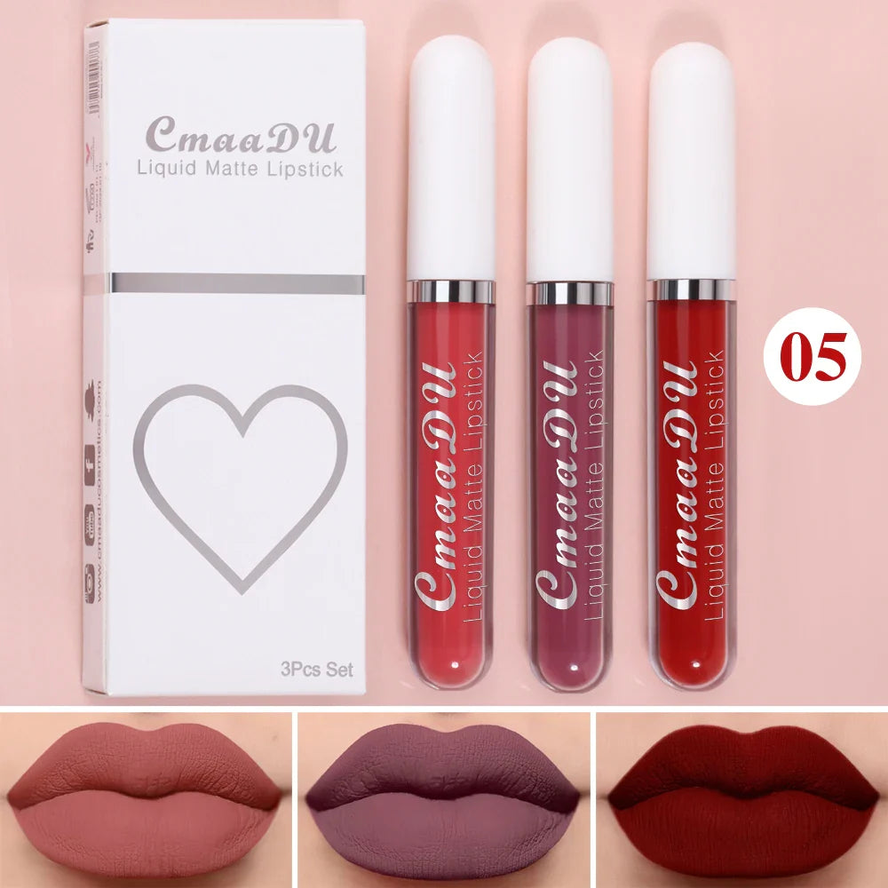 Cmaadu 3-Piece Matte Lipstick Set – Waterproof Long-Lasting