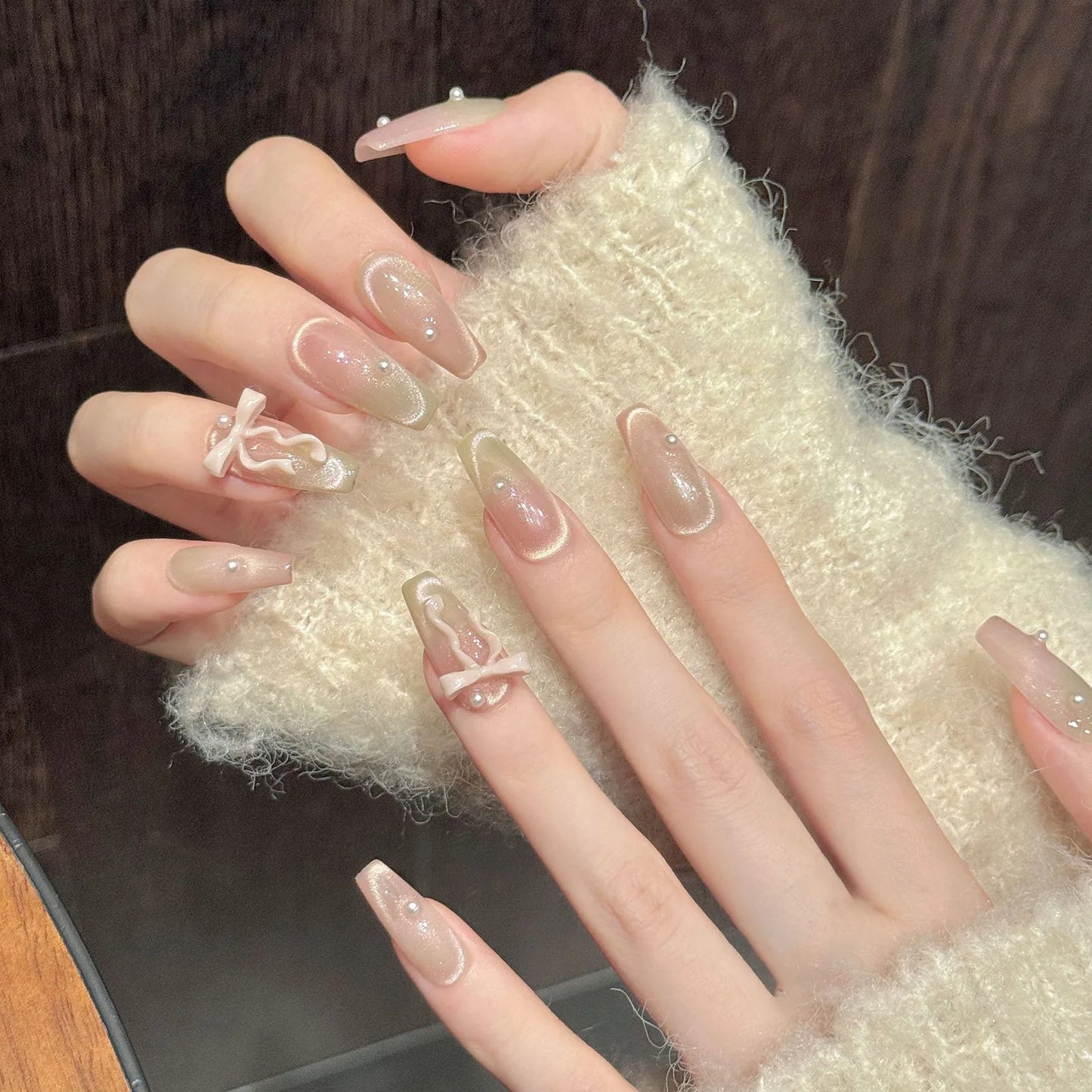 3D Ribbon Bow Press On Nails | Gradient Pink Green Cat's Eye