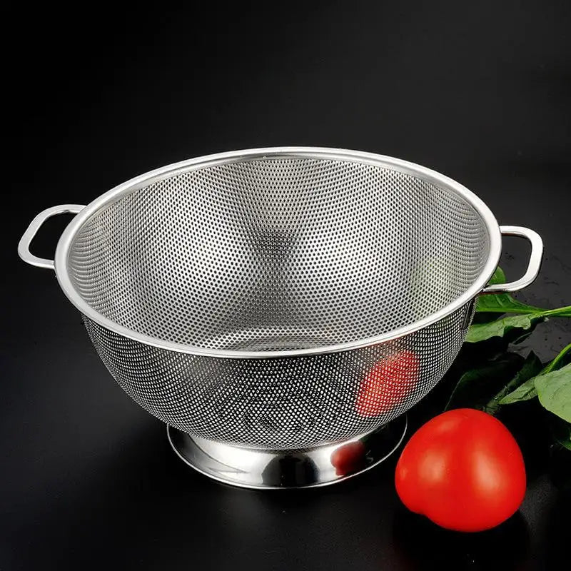New Stainless Steel Colander With Double Handle Food Pasta Strainer Basket With Self-draining Solid Ring Base Fine Mesh Filter Peaceful Pleasures Health and Wellness