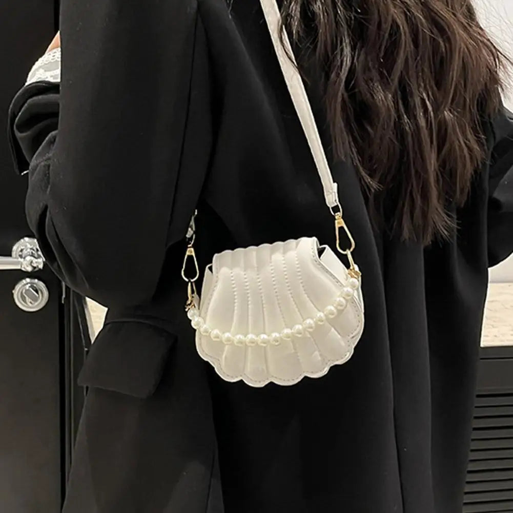 Fashion Shell Shape Crossbody Bag French style Elegant Pearl Chain Handbag PU Leather Shoulder Bag Minimalist Women Hobo Bag Peaceful Pleasures Health and Wellness