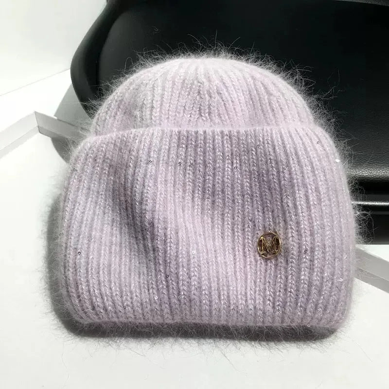 Women's Real Rabbit Fur Knitted Beanie | Sequin Winter Hat