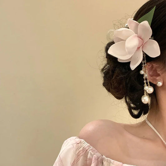 Pink Magnolia Pearl Tassel Hair Clip New Chinese Style Gentle and High End Feeling Spring New Clip Headband Hair Clip Versatile Peaceful Pleasures Health and Wellness
