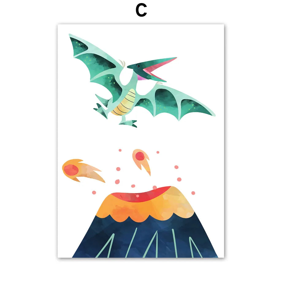 Watercolor Dinosaur Wall Art Canvas Print Cute Cartoon Dino Tropical Volcano Meteor Poster Kids Nursery Bedroom Playroom Deco Peaceful Pleasures Health and Wellness C 20x30cm Unframed