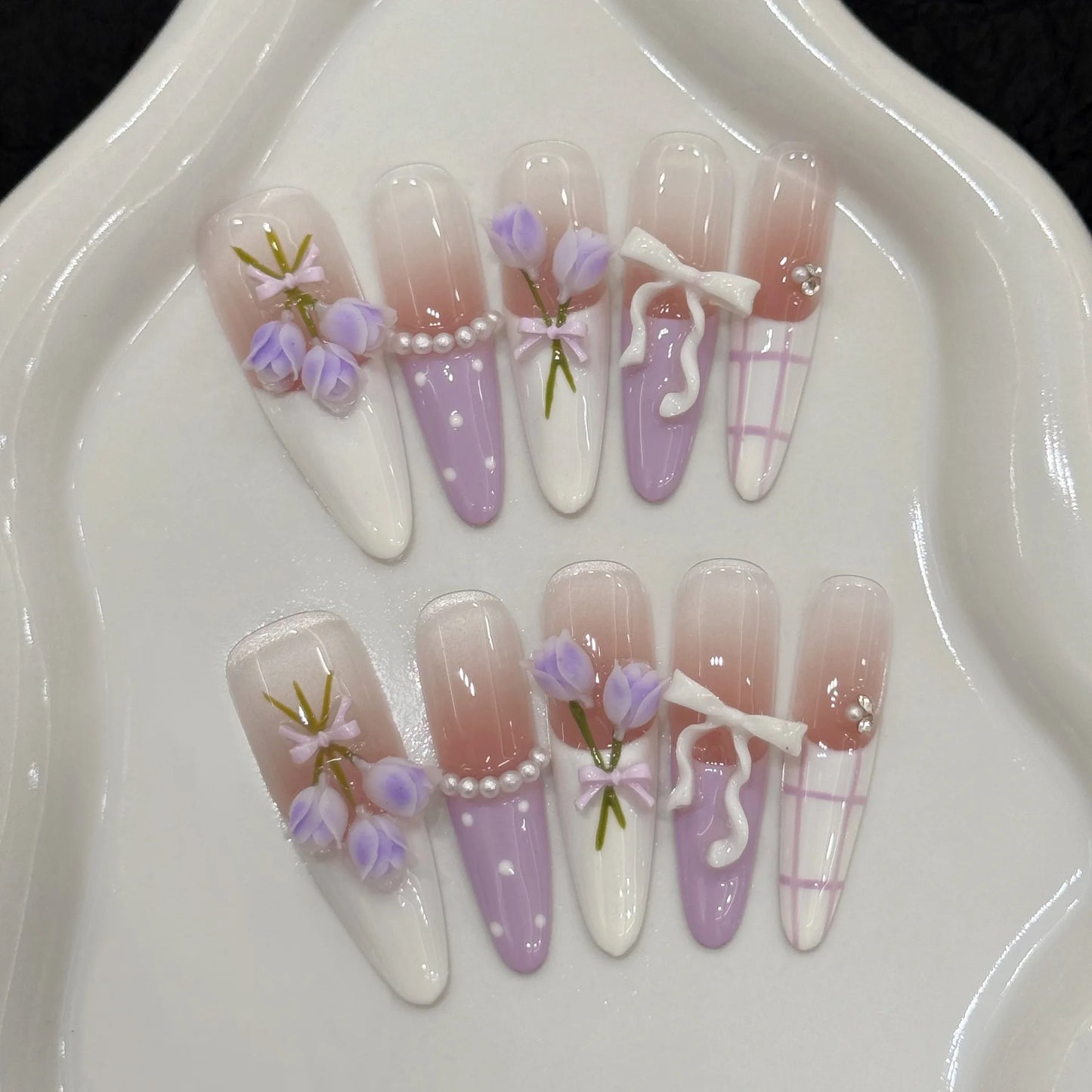 10pcs Handmade Press on Nails with 3d Purple Tulip Flower Fake Nails Wearable Full Cover Long Oval French Bow False Nail Tips Peaceful Pleasures Health and Wellness XS