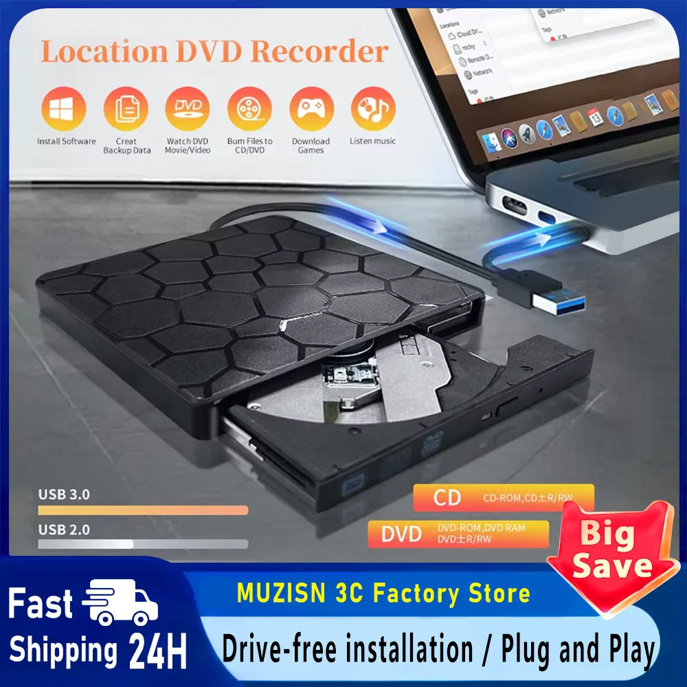 Muzisn External DVD/CD Burner Drive USB 3.0 & Type-C Slim