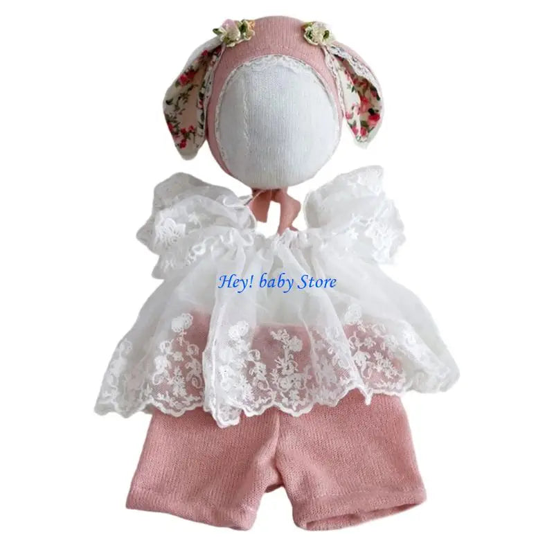 Newborn Photo Outfit | Lace Tulle Dress & Animal Ear Hat Set