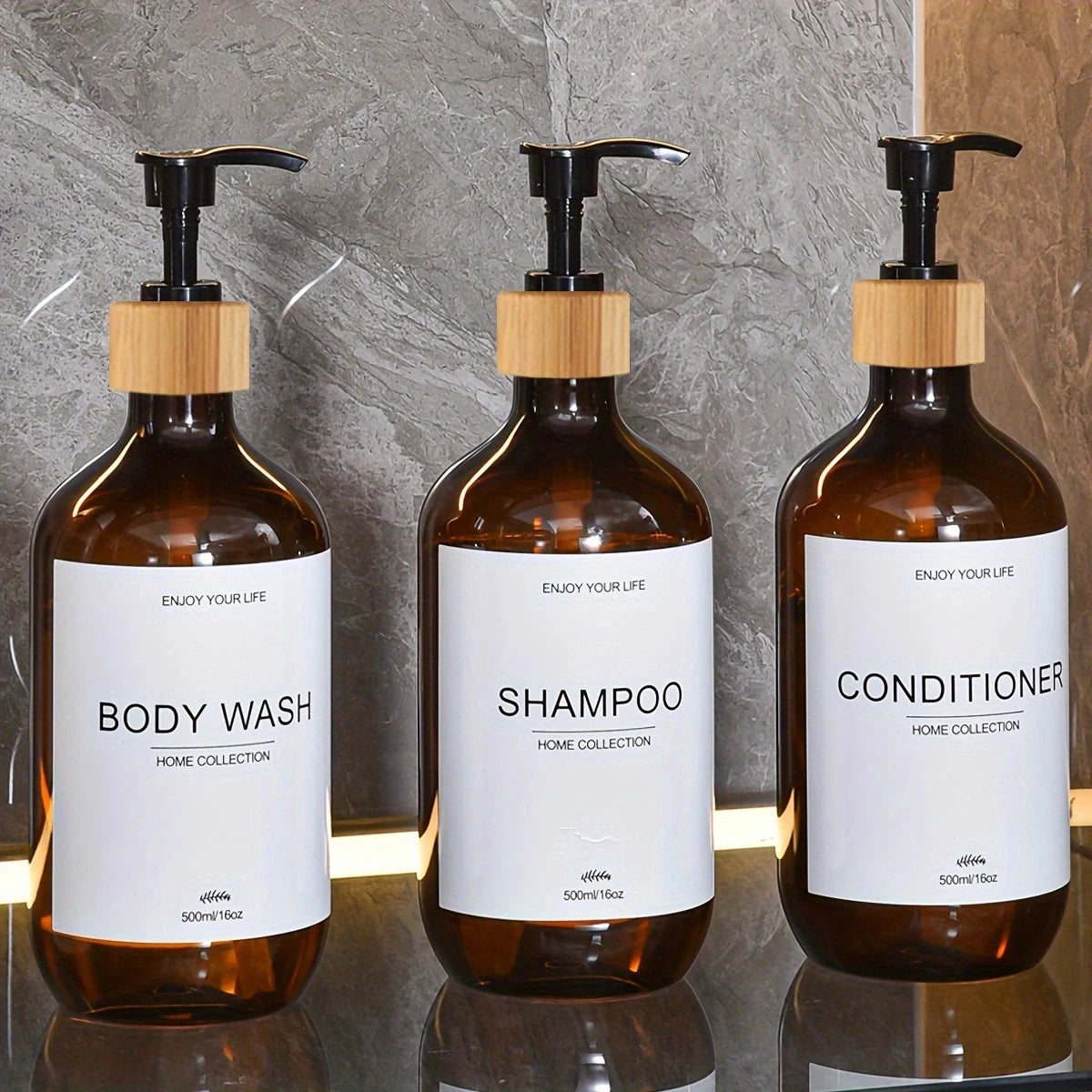 Bathroom Shampoo Dispenser Set 500ml Conditioner Body Wash Bottles Refillable Dispenser Farmhouse Decoration Storage Bottles Peaceful Pleasures Health and Wellness