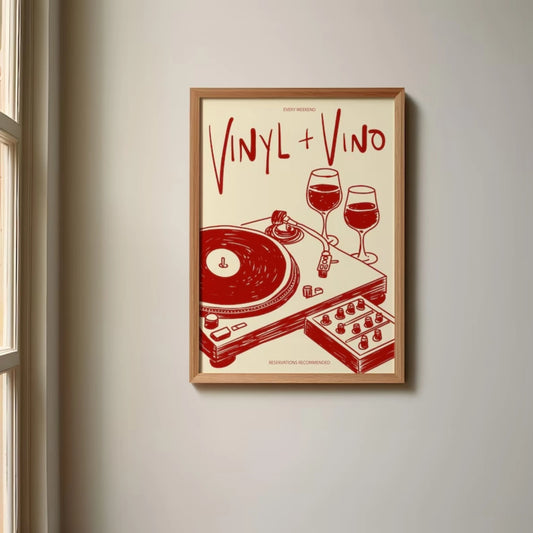 Vinyl & Vino Music Wine Record Canvas Wall Art Print Poster Canvas Wall Art Peaceful Pleasures Health and Wellness G3615 40x50cm Black Frame
