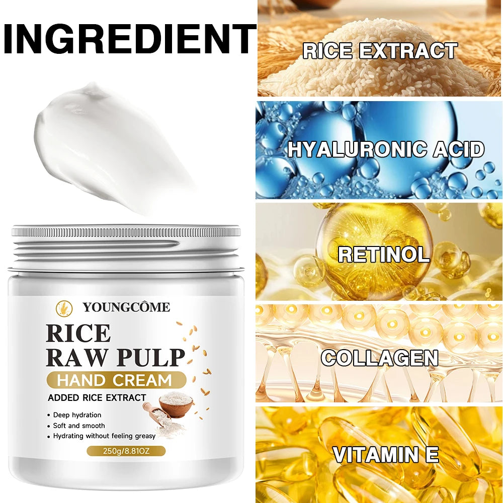YOUNGCOME Rice Raw Pulp Hand Cream - Added Rice Extract for Deep Hydration | Soft & Smooth Non-Greasy Hydrating Hand Cream 250g Peaceful Pleasures Health and Wellness