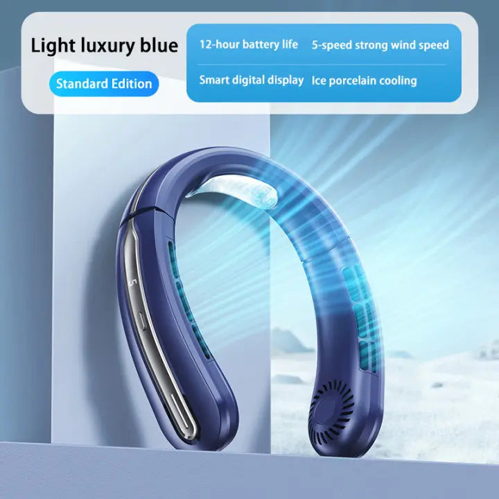 New 100 Level Digital Neck Hanging Fan For Students' Outdoor Sports, Portable Usb Mini Neck Hanging Fan Peaceful Pleasures Health and Wellness Blue-5 levels