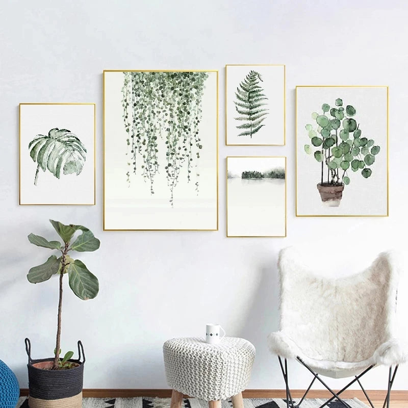 Tropical Nordic Green Leaves Canvas Wall Art | Botanical Print