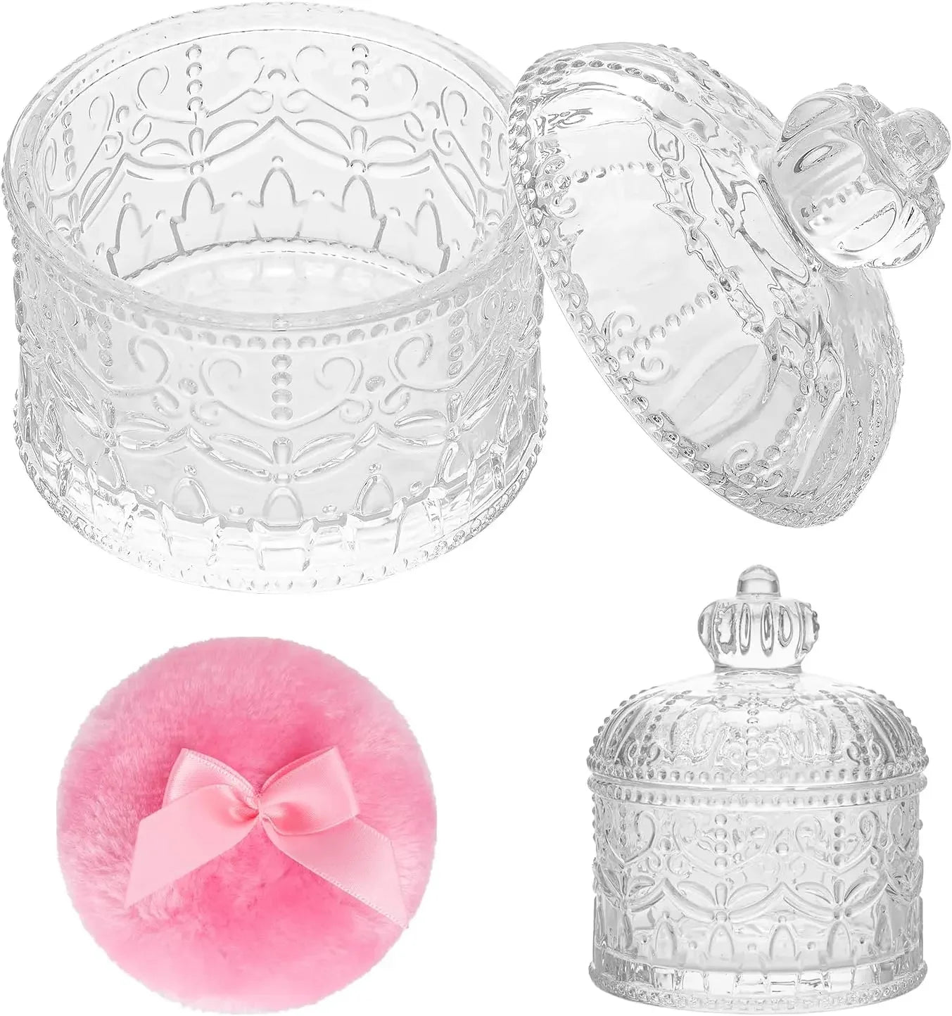2-Piece Velour Powder Puff Set with Crystal Glass Container, Soft Washable for Face and Body Makeup Peaceful Pleasures Health and Wellness United States