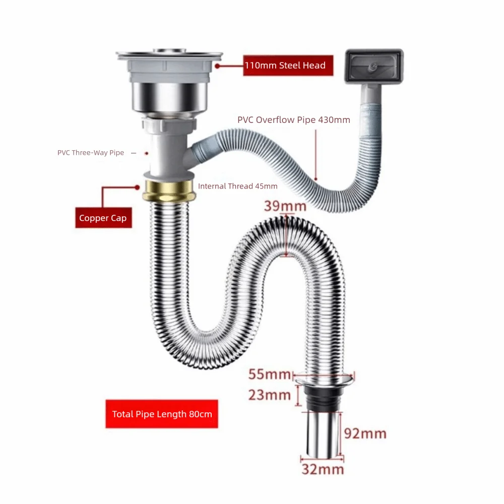 Stainless Steel Sink Drain Pipe Set Easy Install Single/Double Bowl Sewer Replacement Pipe Space Saving Anti Clogging Peaceful Pleasures Health and Wellness