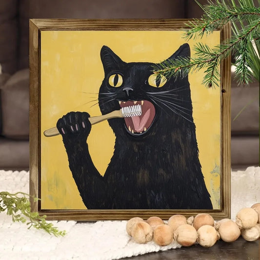 Charming Black Cat Brushing Teeth Rustic Farmhouse Wall Canvas Art for Home, Cafe, Bathroom Decor | Unique Holiday Gift Unframed Peaceful Pleasures Health and Wellness