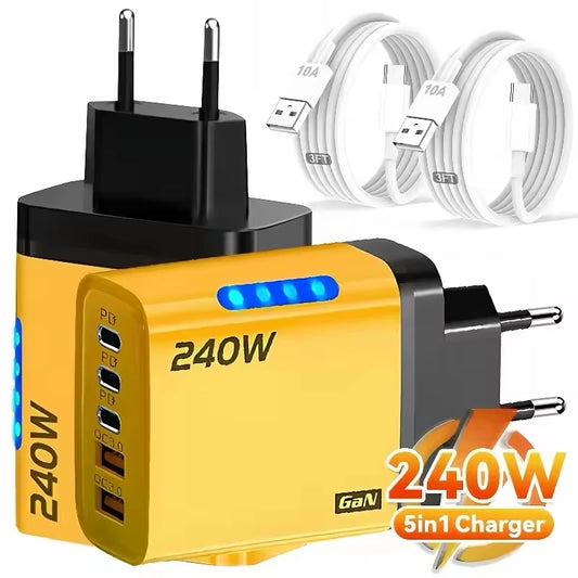 240W GaN 5-in-1 Fast Charger | 3 USB-C + 2 USB-A Ports GaN Multi-Port Charger Peaceful Pleasures Health and Wellness