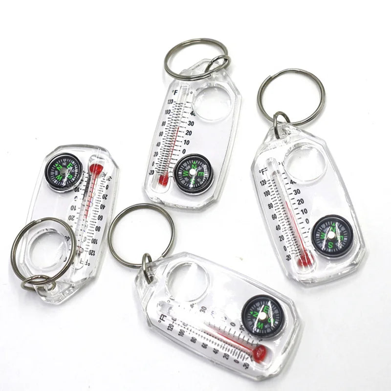 1 Keychain Compass Portable Mini Outdoor Thermometer Magnifying Glass