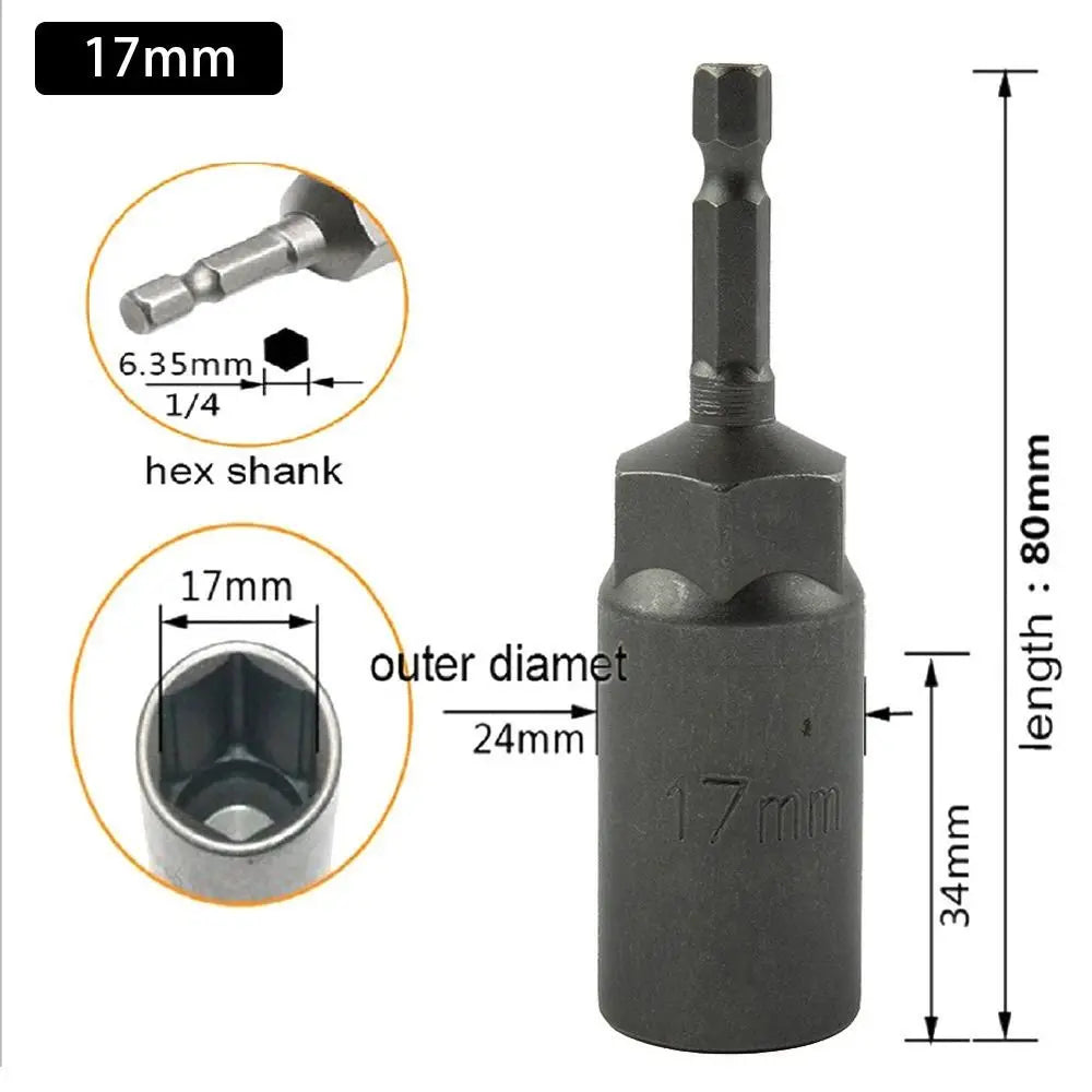 Magnetic Hex Nut Driver Bit Adapter 1/4" Shank 5.5–19mm 80mm