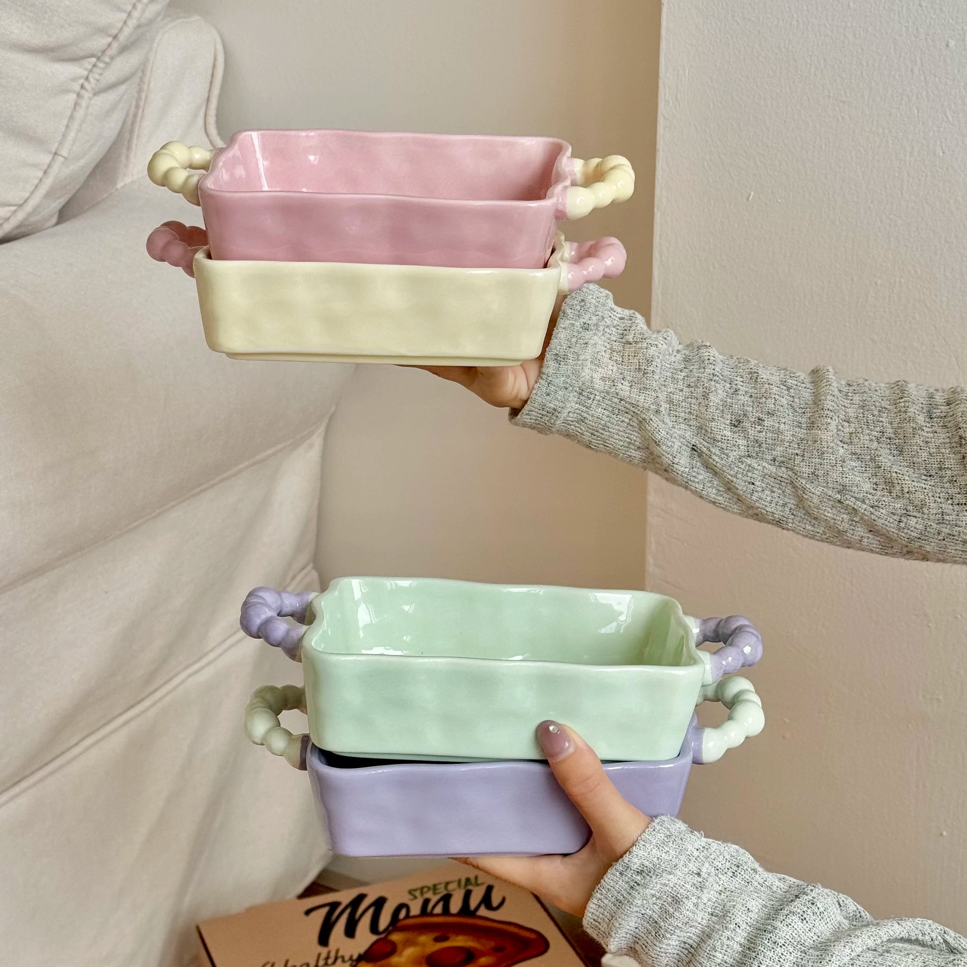 Color Blocked Sugar Bean Irregular Baking Tray Ceramic Double Ear Baking Bowl High End Microwave Oven Baking Utensils Practical Peaceful Pleasures Health and Wellness