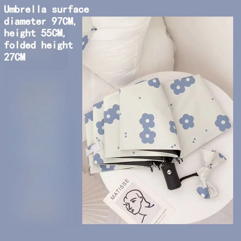 Automatic Folding Umbrella Pastoral Flower Pattern Black Coated Sun Protection Three Fold Rain and Sun Dual Use Parasol Peaceful Pleasures Health and Wellness