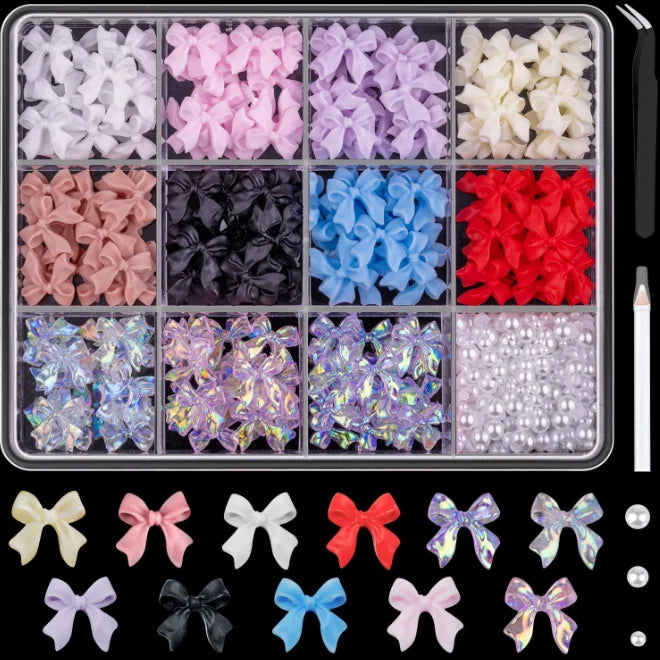 1 Box Multi Ribbon Bow Resin Nail Decoration Mixed Alloy Pearl Love