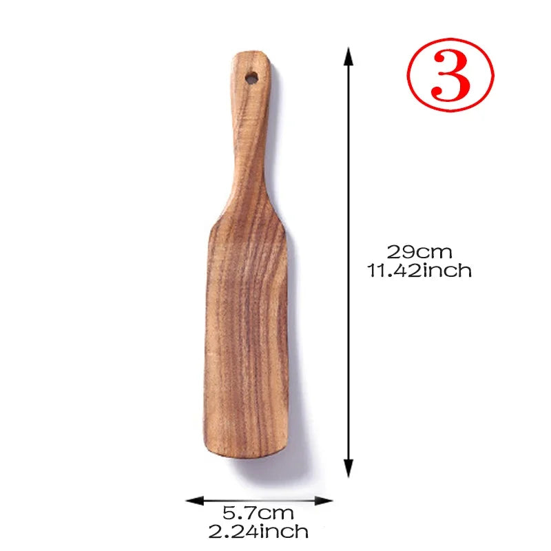 7pcs/set Teak Natural Wood Tableware Spoon Ladle Turner Rice Colander Soup Skimmer Cooking Spoon Scoop Kitchen Reusable Tool Kit Peaceful Pleasures Health and Wellness shovel 3