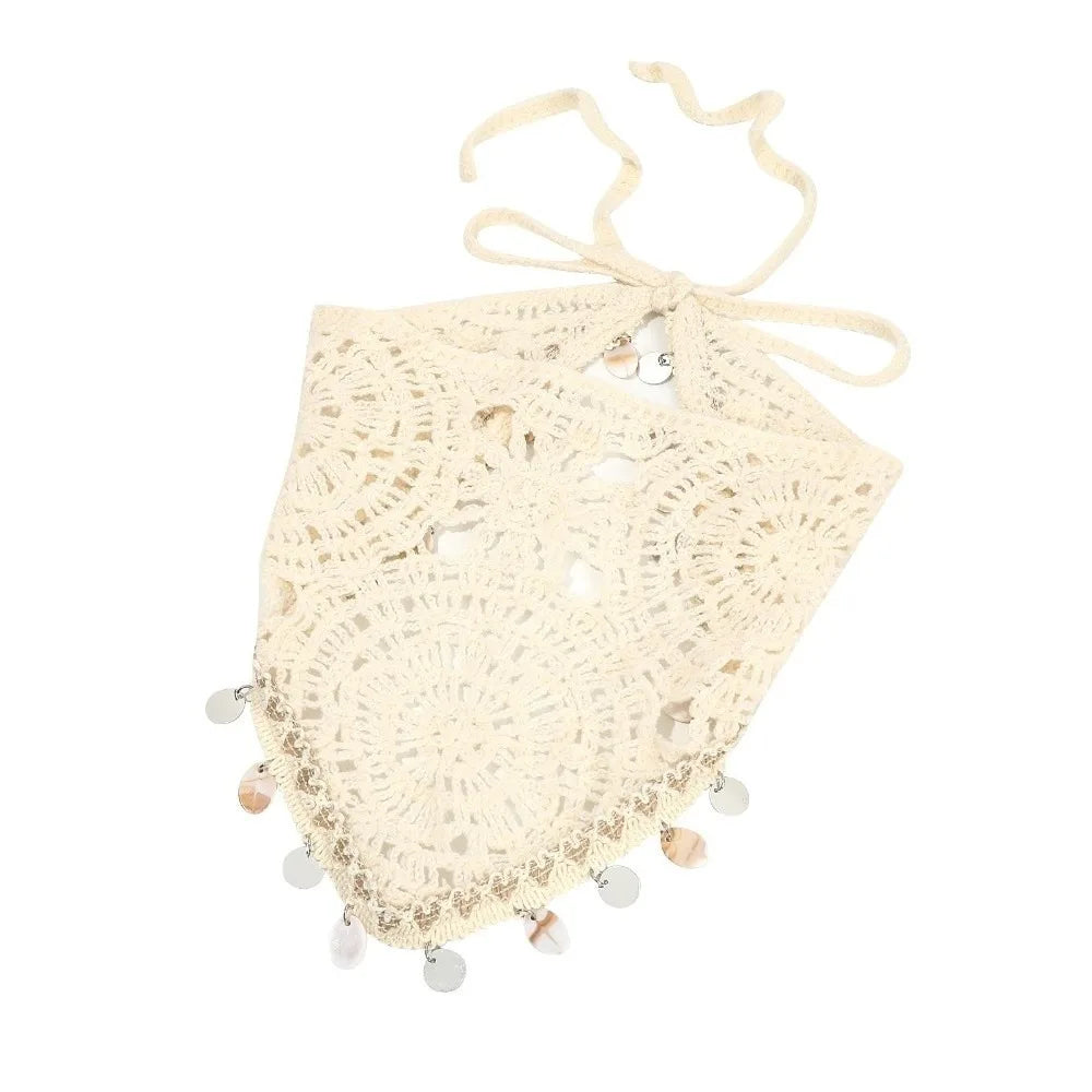 Seashell Tassel Crochet Triangle Headscarf | Boho Head Wrap Crochet Head Wrap Peaceful Pleasures Health and Wellness White with Sequins