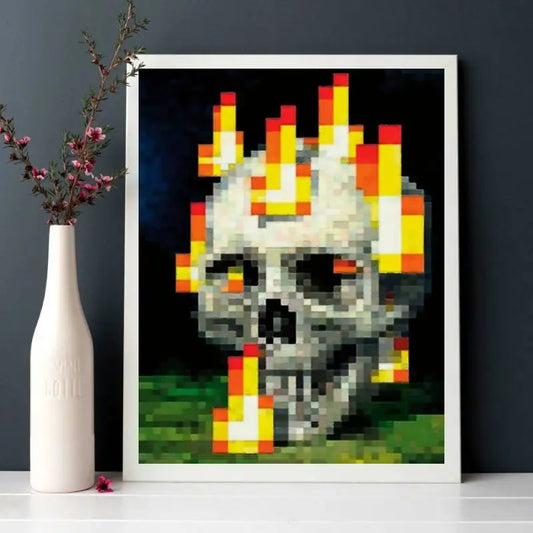 1pcs Vibrant Pixel Skull & Flames Canvas Poster - Unframed Art Print for Bedroom, Office, Living Room Decor, Skull Decor Peaceful Pleasures Health and Wellness 1 30x40cm Unframed
