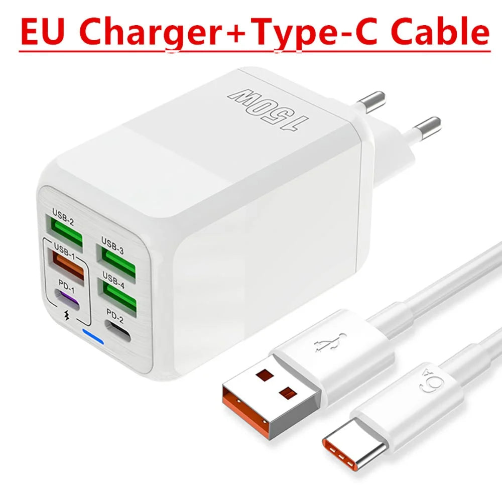 150W 6-Port USB-C Wall Charger | PD QC 3.0 Fast Charging