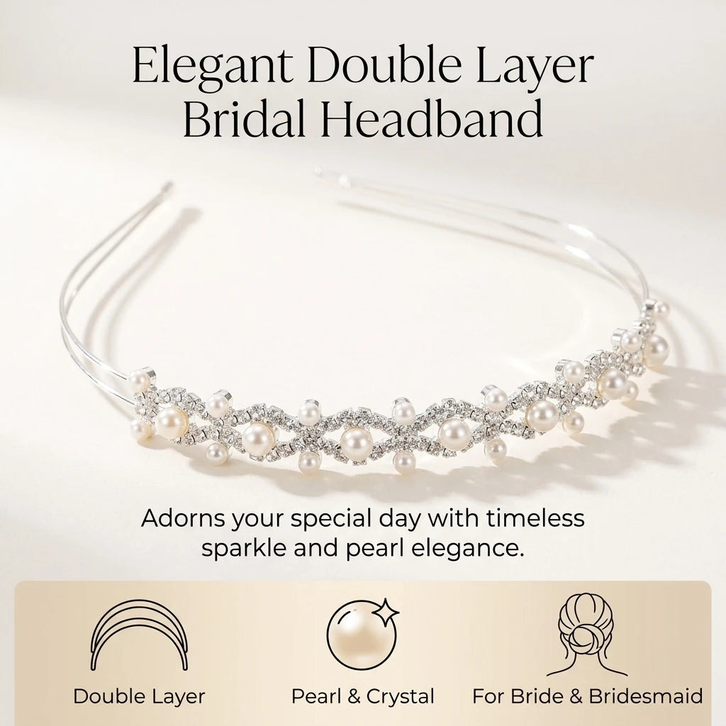 Bridal Hair Accessories Pearl Rhinestone Double Layer Headband White Wedding Decor Peaceful Pleasures Health and Wellness