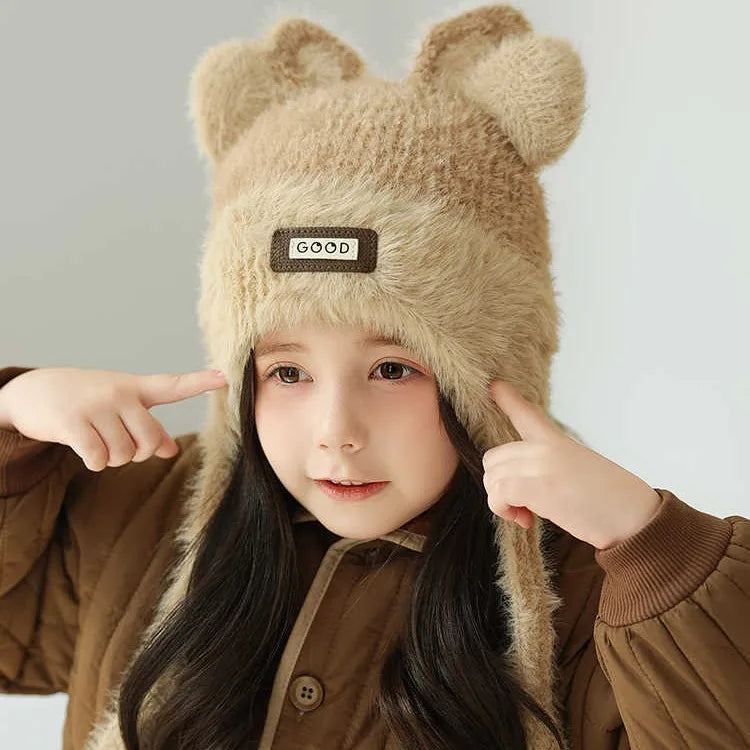 Girls' Bear Fleece-Lined Knit Winter Hat with Ear Protection
