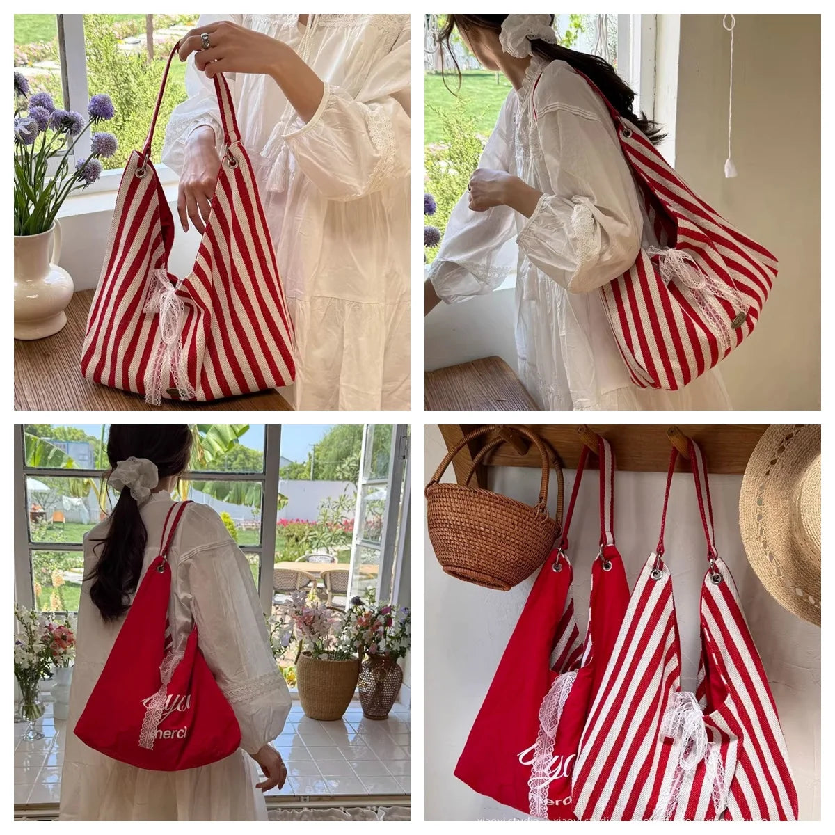 Double-Sided Women's Tote Bag | Striped Lace Bow Shoulder Bag