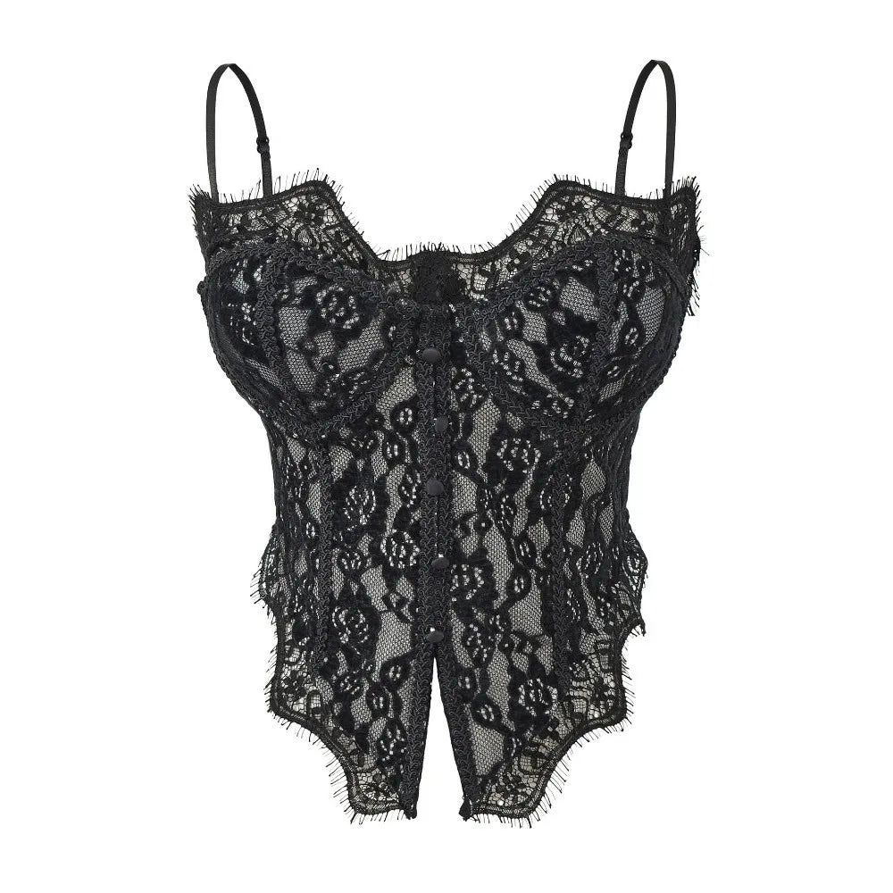 Lace Camisole Crop Top – Sheer Fishbone Suspender Vest Women