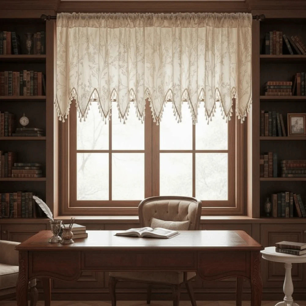 Rustic Short Tulle Window Curtain | Lace Fringe Trim