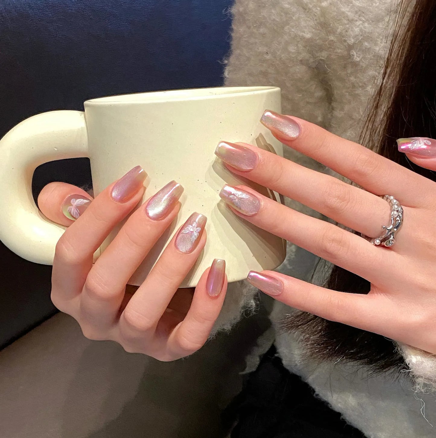 Handmade Press on Nails Purple Aurora Butterfly Mirror Fake Nail Tips Women Girl Wearable Short/Mid-length Coffin False Nails Peaceful Pleasures Health and Wellness XS