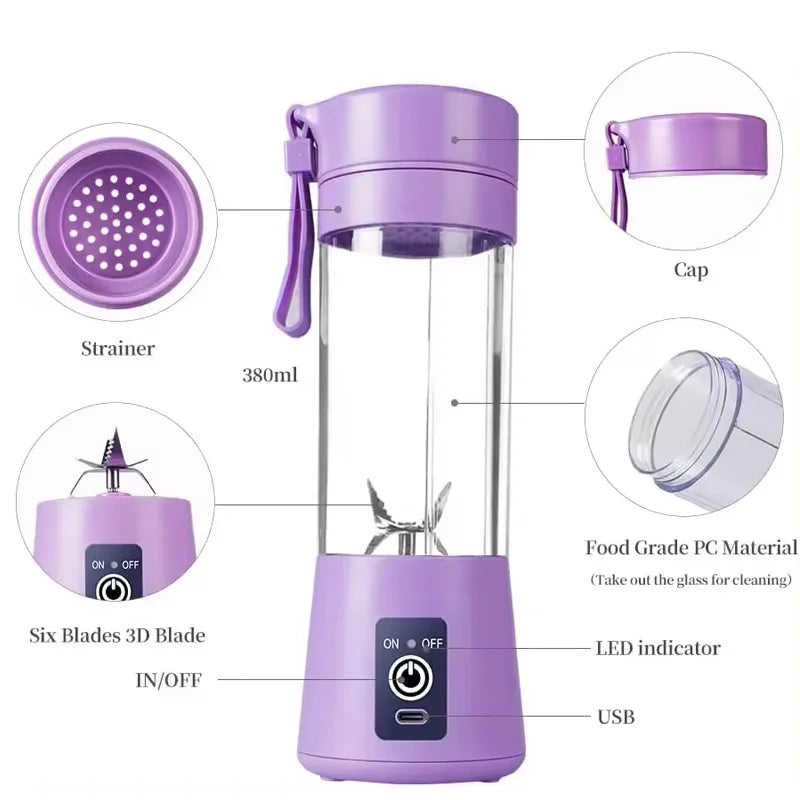 Personal Batidora Portatil Use Mini Blender Home USB 6 Blades Juicer Machine Rechargeable Fruit Juice Portable Blenders Peaceful Pleasures Health and Wellness