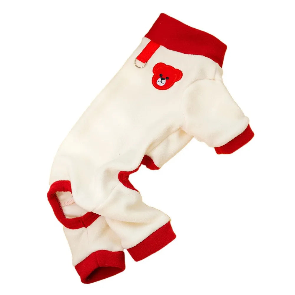 Bear Pattern Plush Dog Jumpsuit | Warm 4-Leg Pet Pajamas
